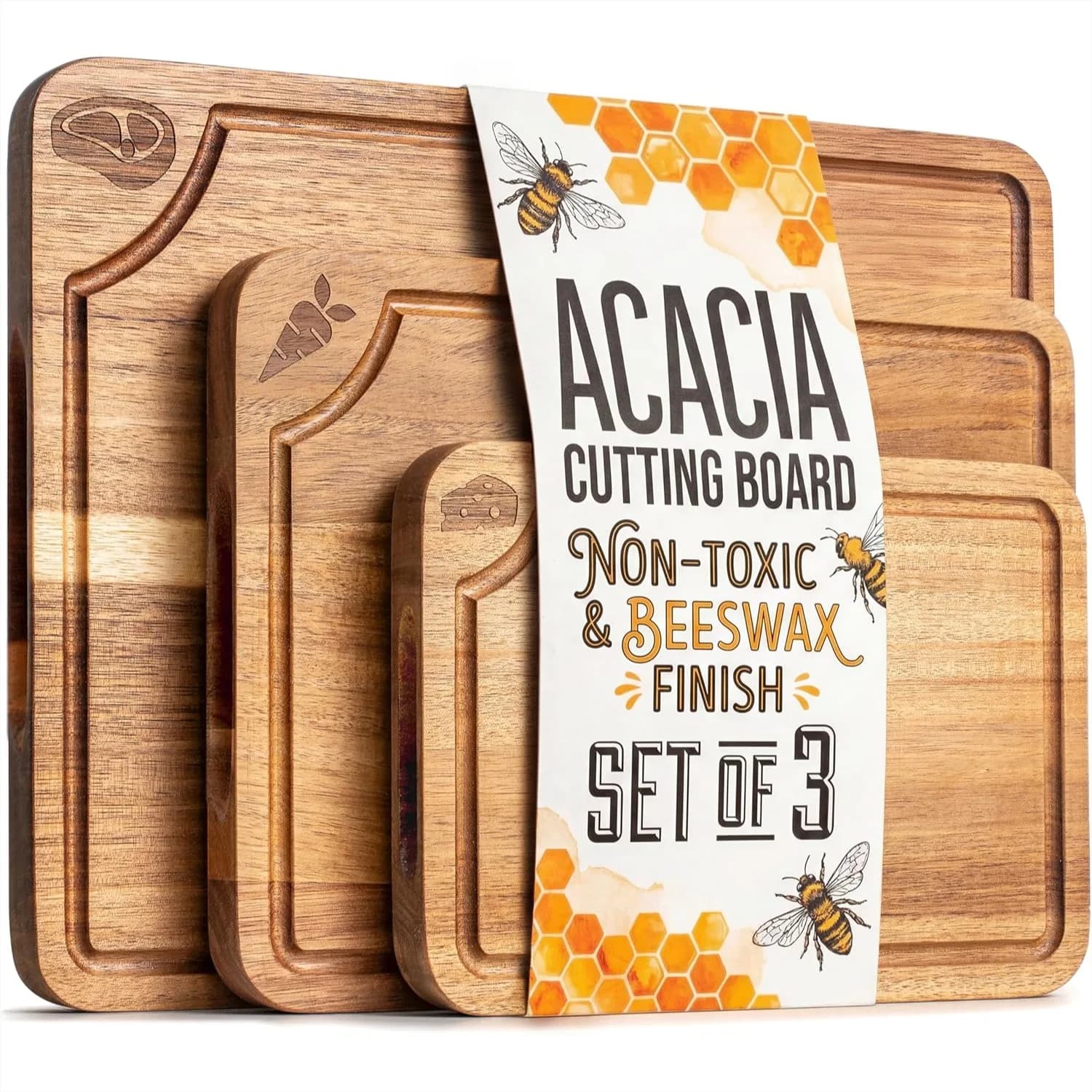 Set di 3 Taglieri da Cucina in Legno di Acacia con Scanalatura per Succhi e Piedini Antiscivolo, Taglieri per Salumi e Formaggi