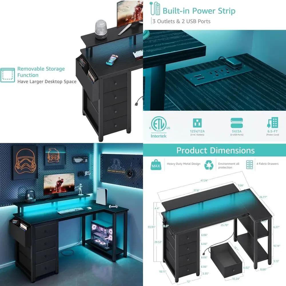 Scrivania a L da 47 pollici con illuminazione a LED, prese di corrente e cassetti in tessuto per studio, gaming o ufficio domestico