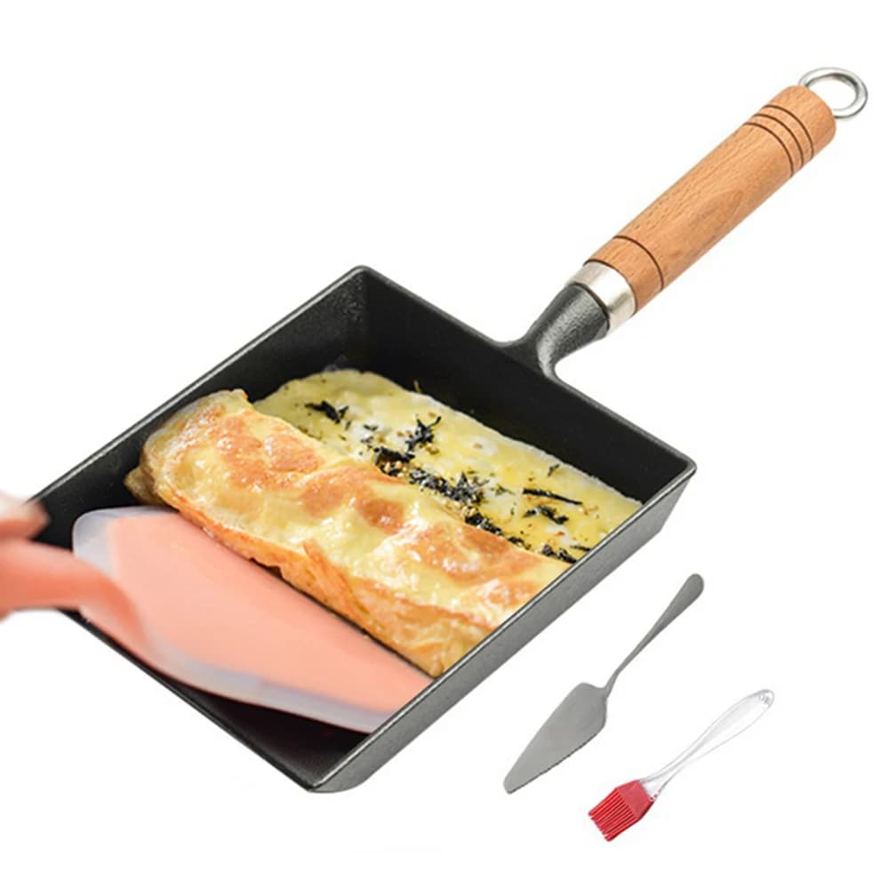Grapefruit for Eggs with Handle in Wood, Square pan with Brush for Oil and Paletta, Japanese bowl for Omelette, Fit to All Types of Oven