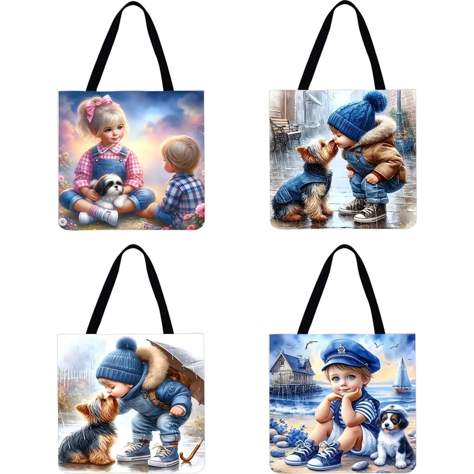 4pcs Girl and Dog Linen Tote Bag Handbag Large Women Shopping Shoulder Bags