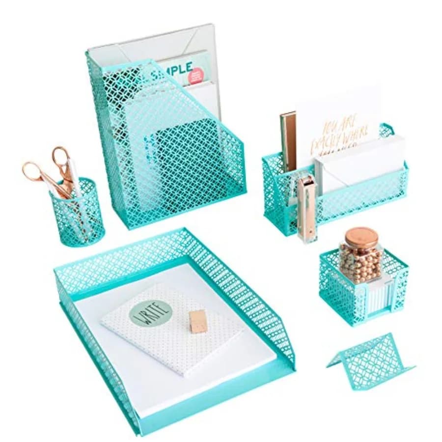 Set di 6 Organizzatori da Scrivania Color Teal - Accessori per Ufficio per Donne - Graziosi Accessori da Scrivania - Organizzatori per Desktop