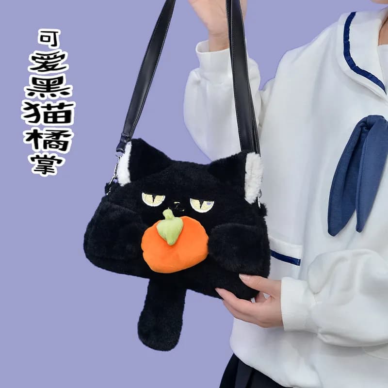 Borsa a Tracolla Peluche Gatto Nero Carino - Borsa a Spalla Stile Lolita con Gatto Kawaii e Zucca Giocattolo