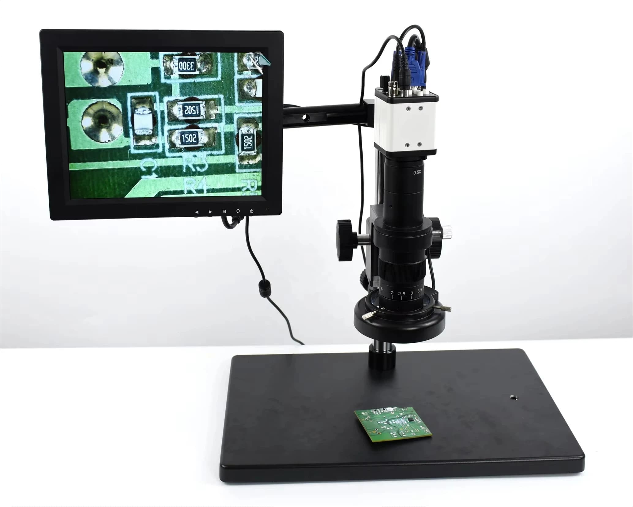 Microscopio Industriale 10-130X con Uscita VGA 1920*1080 2 Milioni di Pixel e Schermo LCD da 8 Pollici per Ispezione PCBA, Controllo TAB COF IC