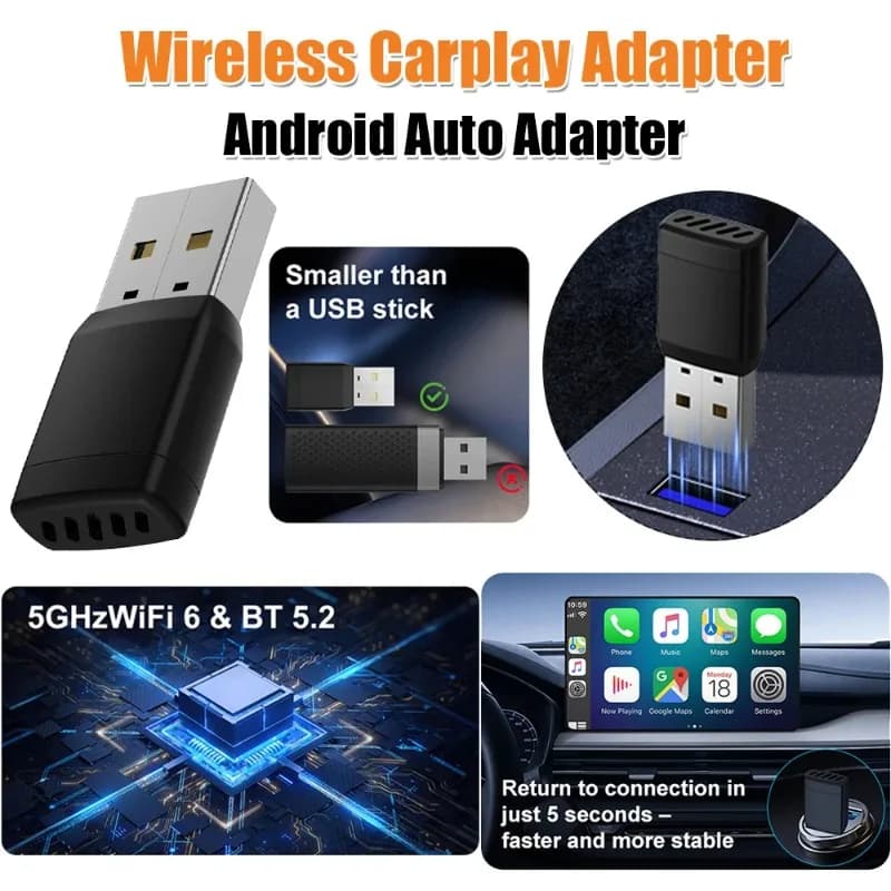 Adattatore Mini Smart da Cablato a Wireless per CarPlay e Android Auto, USB Plug and Play per Sistemi Auto OEM con CarPlay e Android Auto Cablati