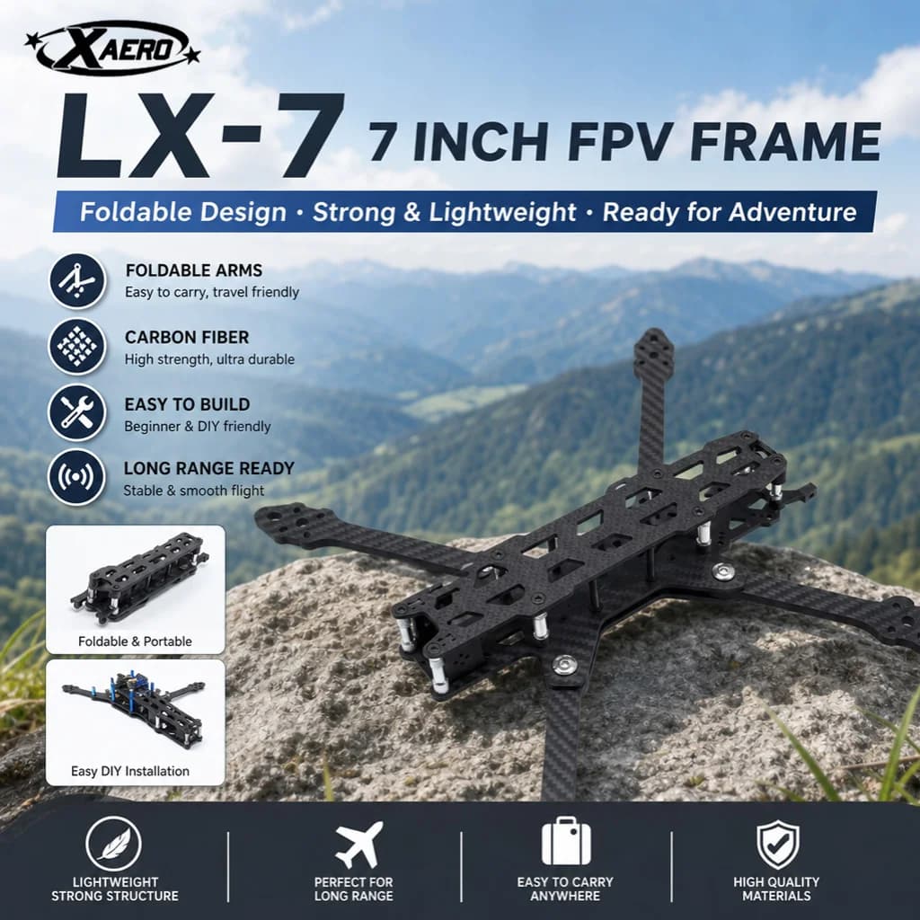 PAURC LX-7 Telaio FPV pieghevole da 7 pollici - Kit drone in fibra di carbonio per viaggi a lungo raggio e facile, costruzione quadricottero portatile