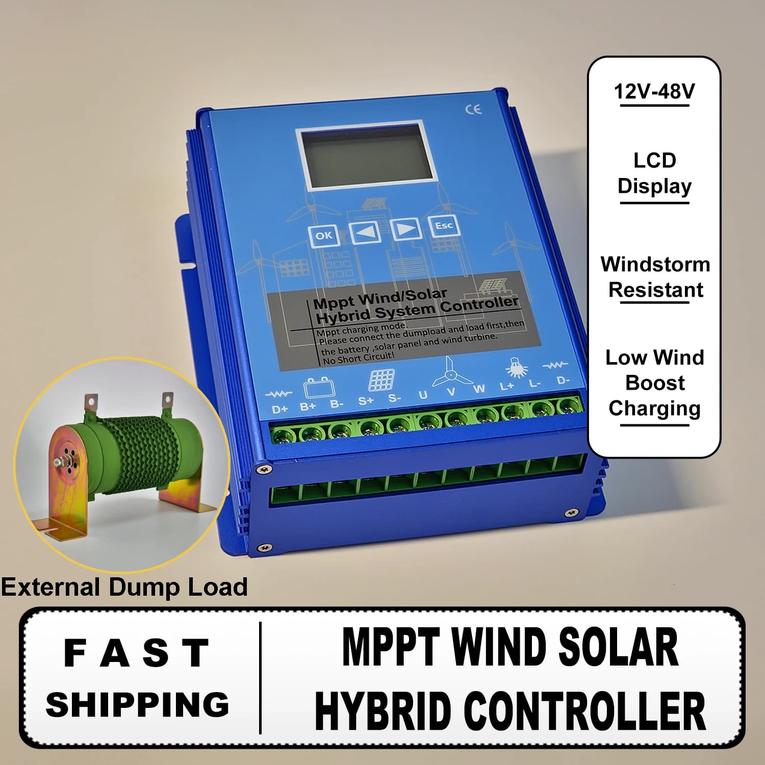 Regolatore di Carica Ibrido Eolico-Solare Max 10KW 12V-48V per Turbine Eoliche e Pannelli Solari, Caricabatterie da 20000W con Carico di Scarico Esterno