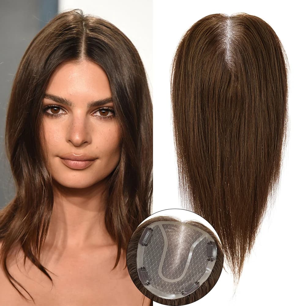 Toppers per capelli umani Remy clip con Base in pizzo MONO nei capelli 14 pollici estensioni per capelli con Topper per capelli umani marroni naturali per le donne