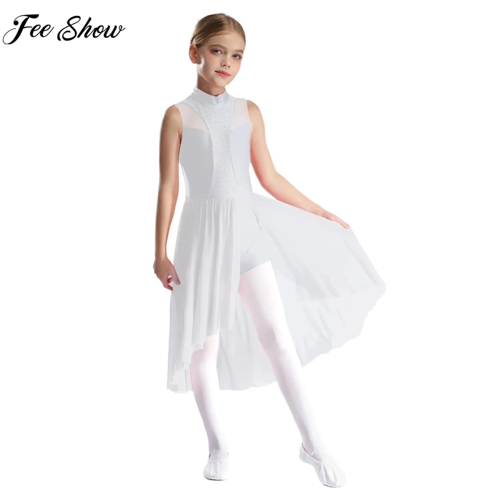 Vestito da pattinaggio di figura per ragazze adolescenti Costume da danza lirica moderna senza maniche con strass lucidi Ginnastica Balletto Body Dancewear