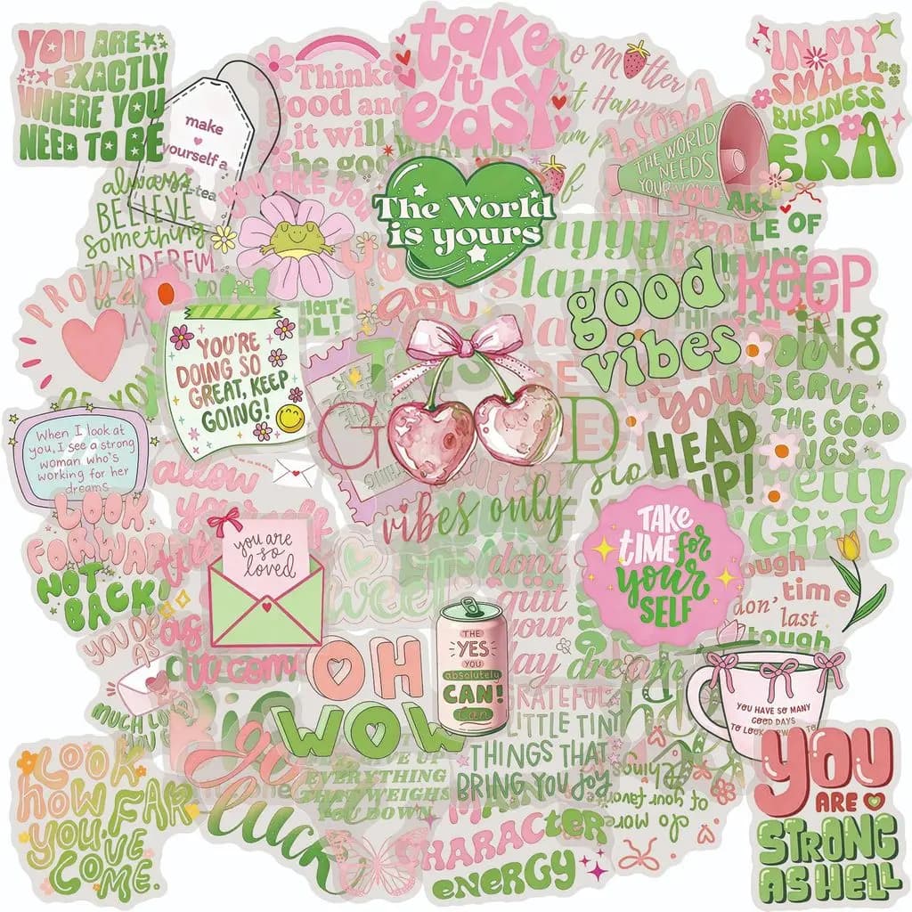 50Pcs Pink & Green Inspirational Transparent PET Stickers Waterproof for Journal Notebook BulingBulingStickers Store