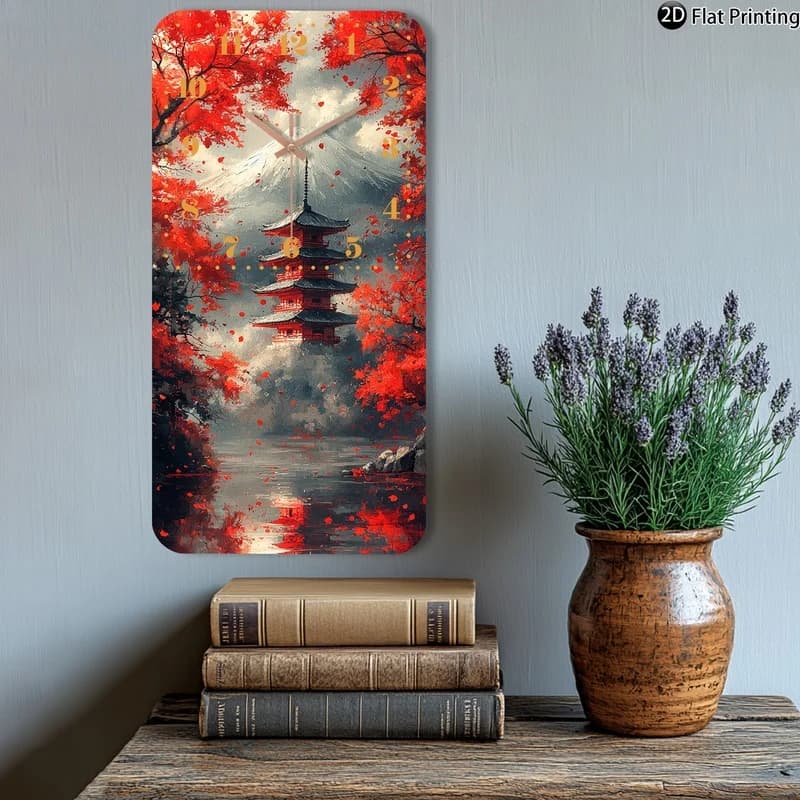 Simple design Japanese Pagoda surrounded by autumn leaves Rectangular wooden quartz wall clock Large Christmas gifts