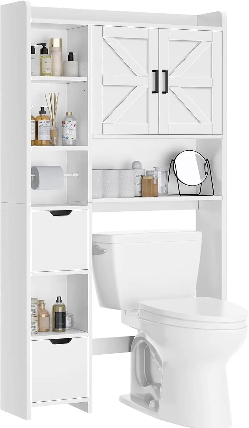 Over The Toilet Storage Cabinet With 2 Removable Drawers And 10 Storage Shelves, Taller Wooden Free Standing Bathroom Organizer Rack, Space Saving Laundry Room Storage Shelf White Utility Closet