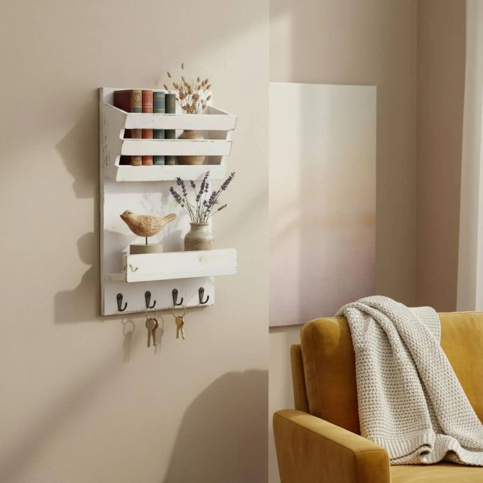 Portaoggetti da Parete in Legno Multifunzionale con Ganci, Mensola Decorativa per Ingresso, Organizzatore Facile da Installare
