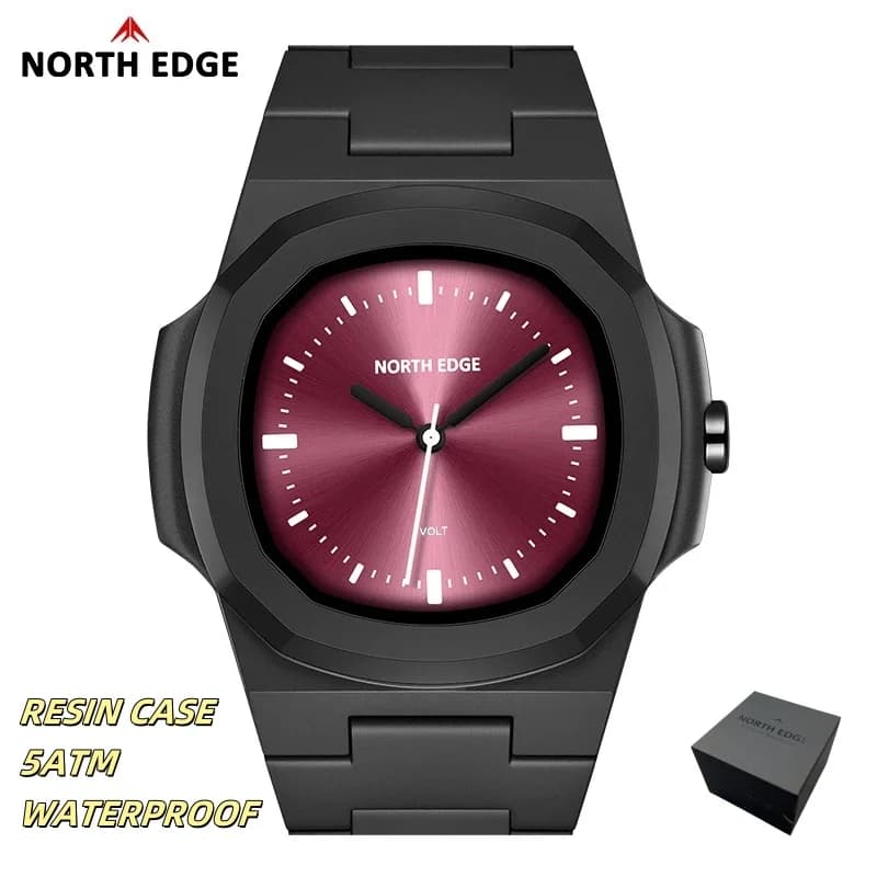 NORTH EDGE Men's Watch New Quartz Watch VOLT Fashionable Light Resin Case Nuoto Square 50M Waterproof Men's Watches Gift Pack