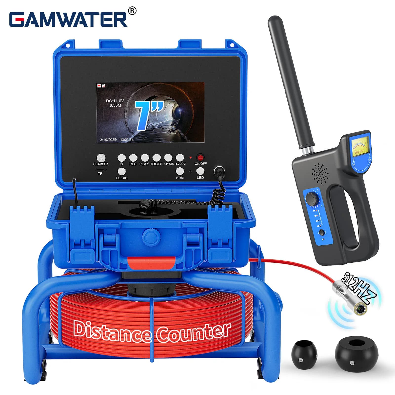 7 inch IPS endoscope camera, 18 mm sewer camera with 8 LED, 512 Hz tracker, 4500 mAh, DVR 16 GB, 5 mm 12-30 M cable for inspection