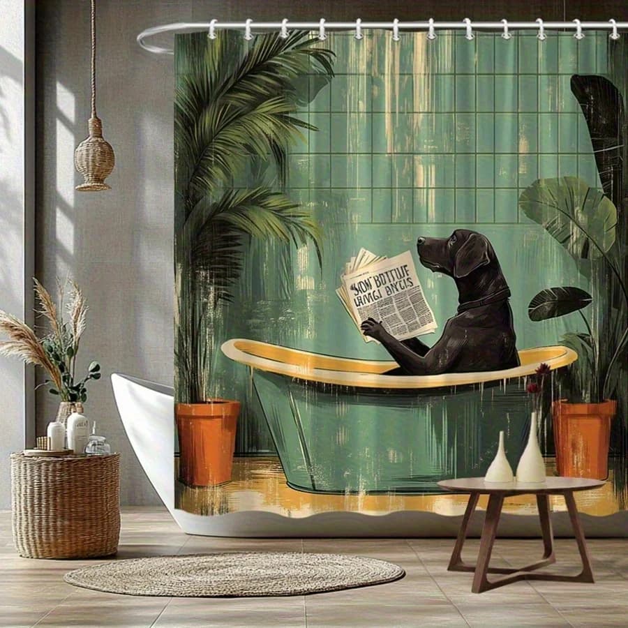 Elegant Boho Tropical Leaf Pattern Shower Curtain Bathroom Decor Retro Dog Reading Newspaper Art Jungle Print Botanical Shower