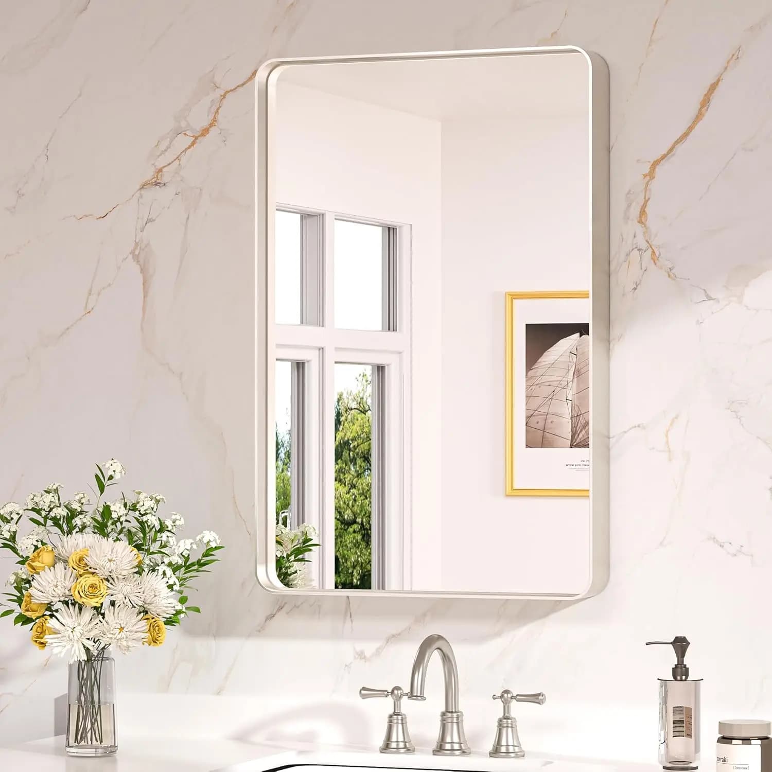 Specchio da bagno in nichel spazzolato da 20x30 pollici, specchio cosmetico rettangolare arrotondato con vetro temperato HD e lega antiruggine