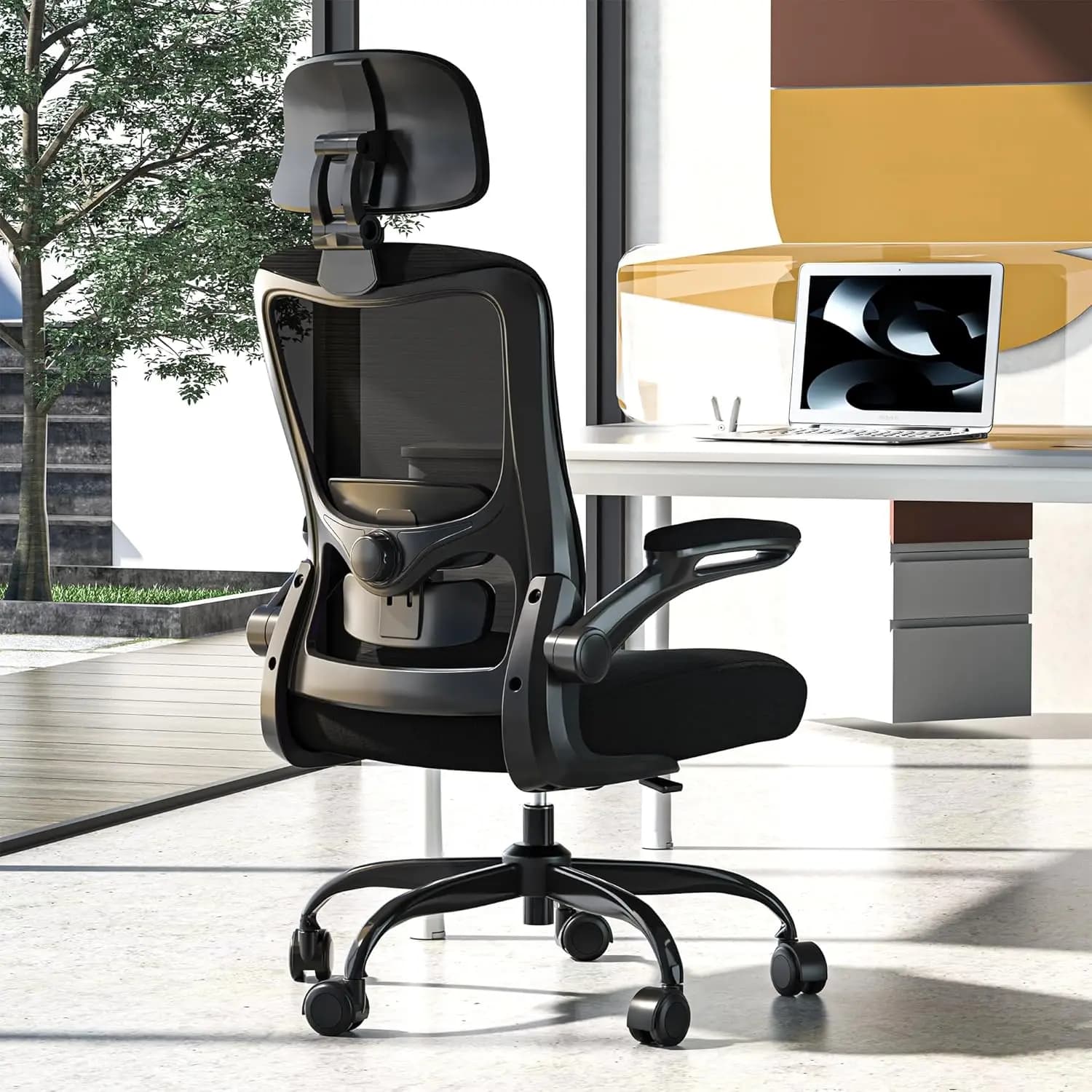 Sedia da Ufficio Ergonomica con Supporto Lombare Regolabile, Schienale Alto in Rete e Braccioli Ribaltabili per Casa e Ufficio Direzionale