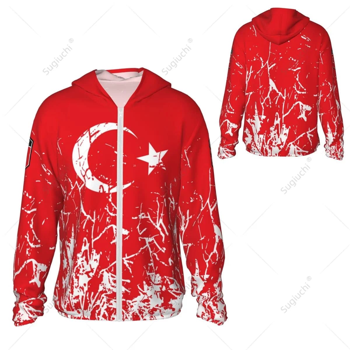 Felpa con cappuccio con protezione solare bandiera della Turchia Abbigliamento per protezione solare Pesca Ciclismo Corsa Manica lunga ad asciugatura rapida con cerniera in poliestere