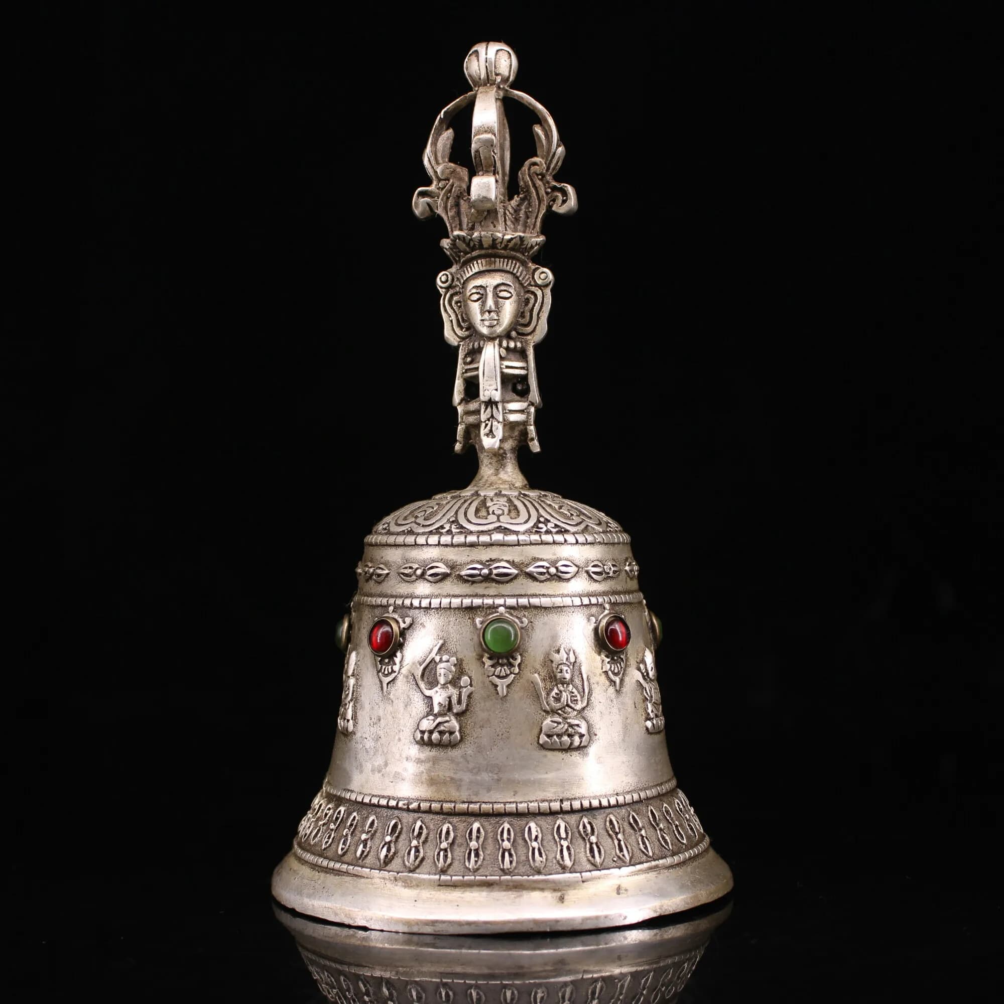 7"Tibetan Temple Collection Old Bronze Gilded Silver Mosaic Gem Tibetan Buddha Statue Vajra Old Ringing Bell Amulet Town House