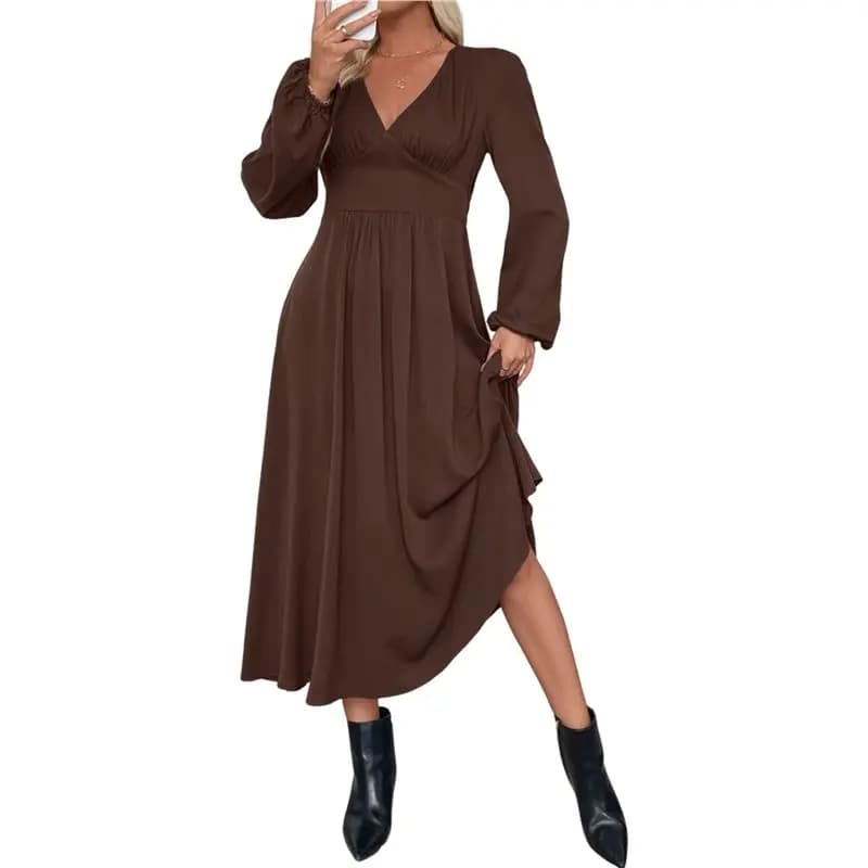 【PRICE-DROP!】Vestito da damigella d'onore in raso plissettato con scollo a V e maniche lunghe Abiti lunghi da donna