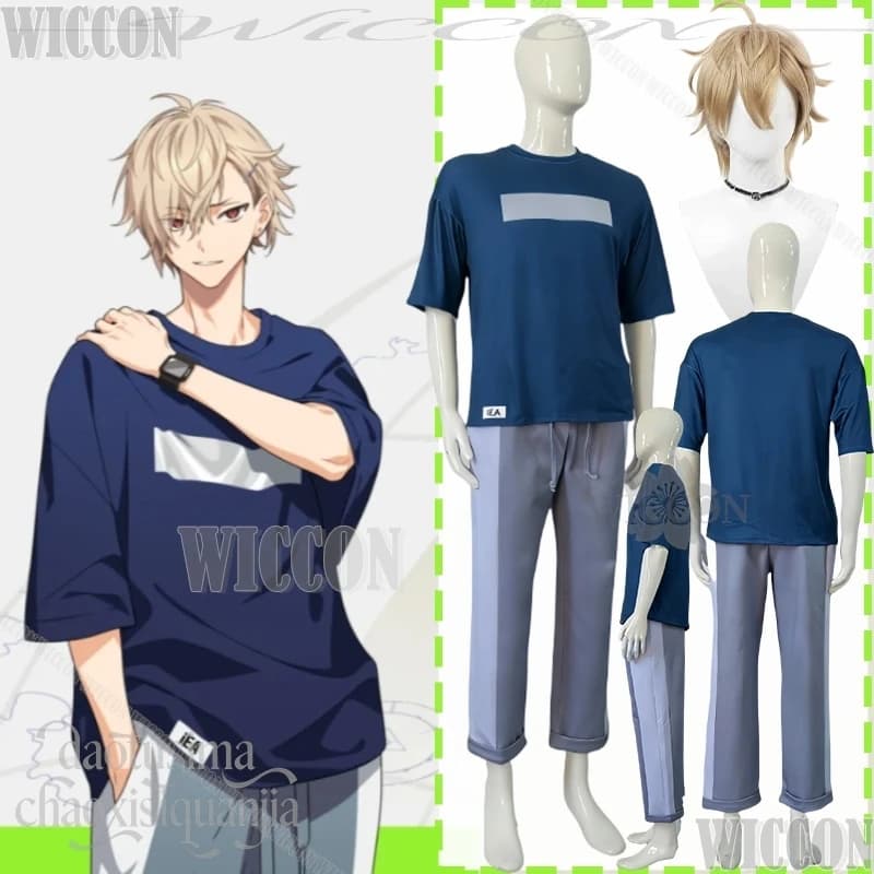 Costume Cosplay di Kurama Ushio dal Gioco 18TRIP Day2, T-shirt Blu Navy e Pantaloni, Stile Casual, con Parrucca, per Natale, Halloween, Carnevale