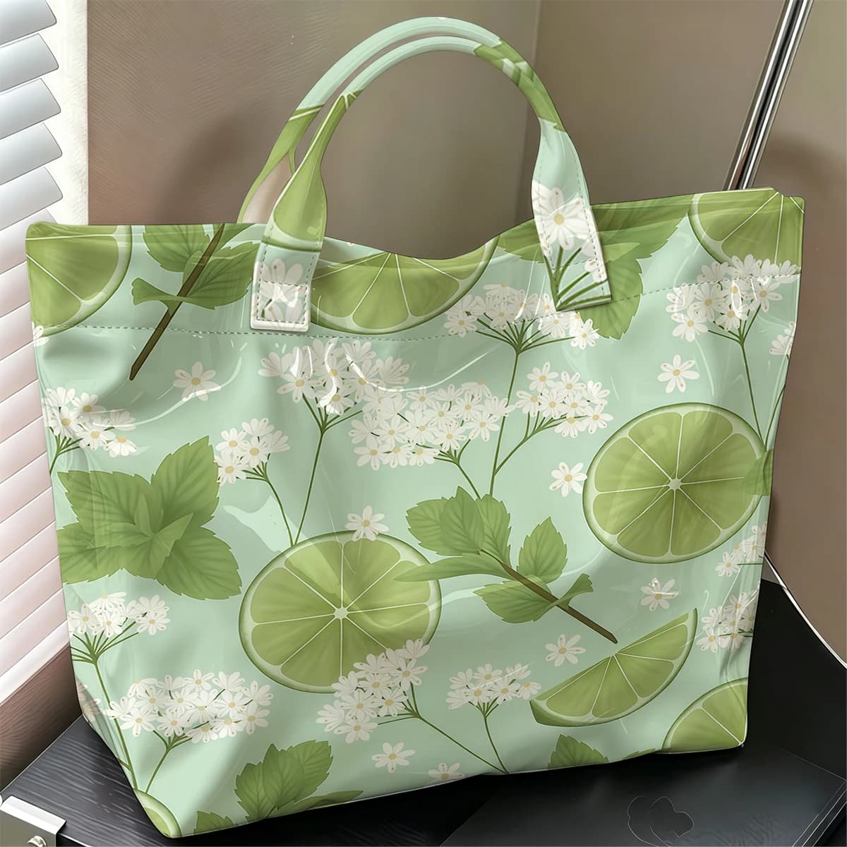 Lime Mint Stylish Large Glossy PVC Tote Bag Washable Waterproof Durable Ideal for Travel Commute Cosmetics Books Handbags