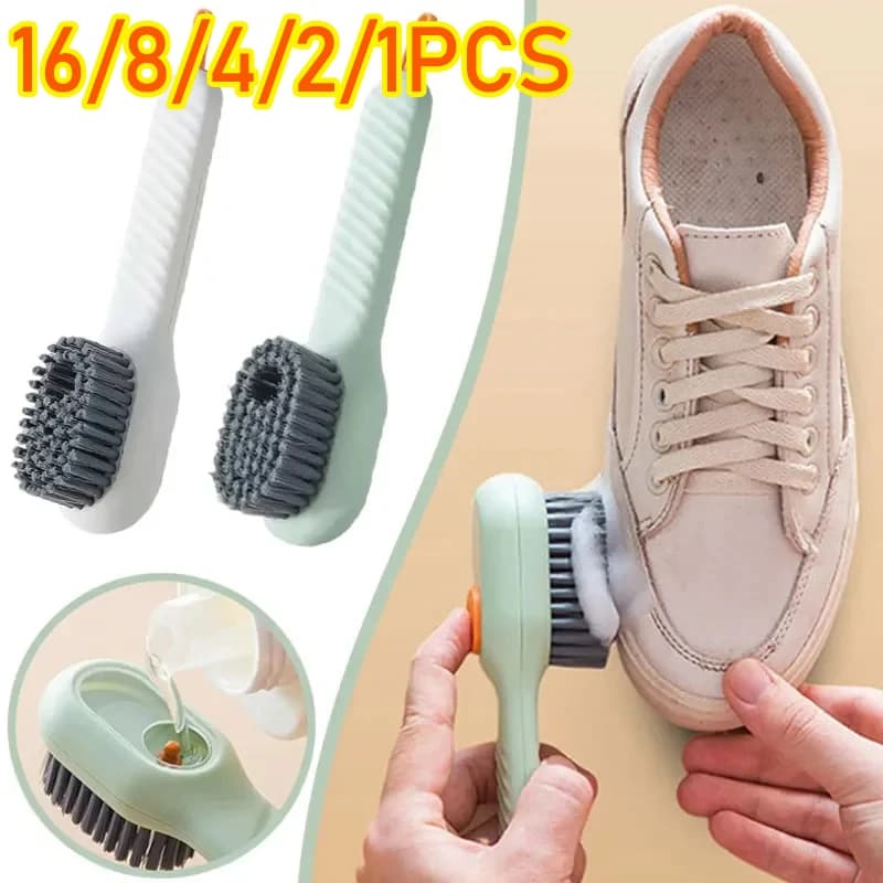 16-1PCS Spazzola per scarpe per pulizia multifunzione Spazzola per scarpe liquida automatica morbida Manico lungo Spazzola per sapone per vestiti con gancio Strumento pulito