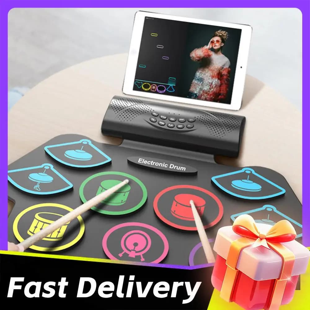 Set di Batteria Elettronica con Bacchette e Pedali, Kit Batteria Portatile, Pad Elettrico, Regalo Sorpresa di Natale e Compleanno per Bambini e Adulti