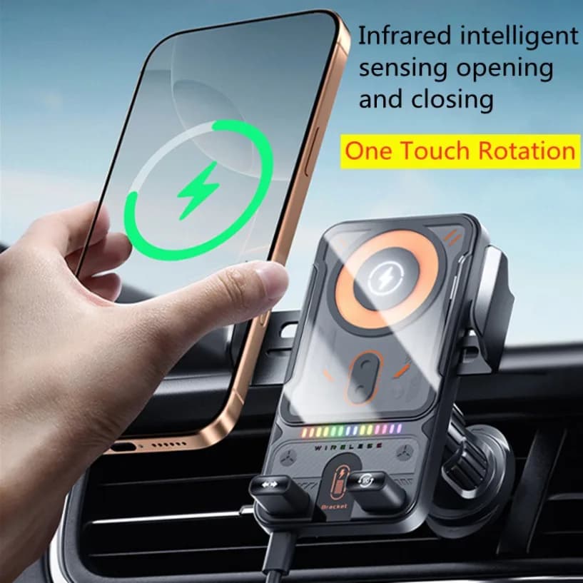 Supporto per auto con doppio motore elettrico rotante per apertura e chiusura, supporto per telefono con ricarica wireless rapida da 15W per iPhone 17 16 15
