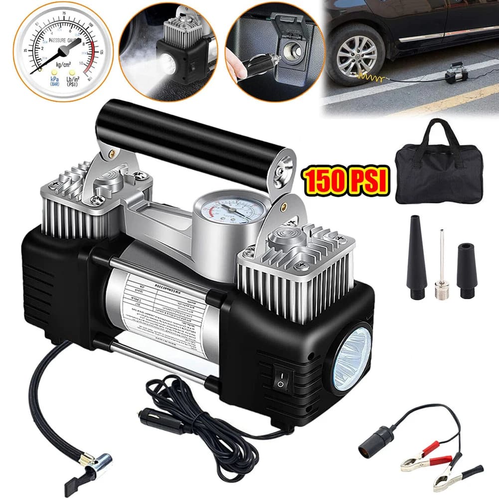 Compressore d'Aria Portatile per Auto 12V, 150PSI, Doppio Cilindro, Pompa di Gonfiaggio per Pneumatici, Pompa d'Aria Multifunzione