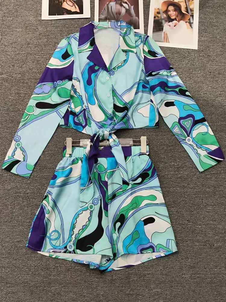 Retro 26 summer new print elegant women's suit lapel long sleeve hem lace-up short shirt+high waist shorts fashion two-piece sui