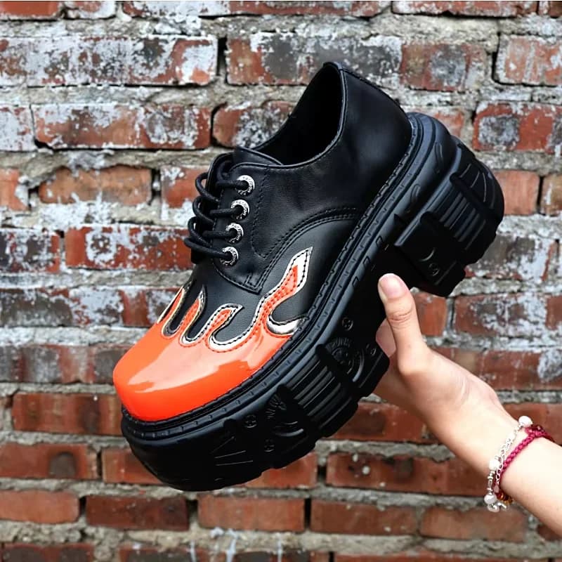 Flame Chunky Heel Platform Women's Sneakers Fashion Large Size All Match Leather Casual Trainers Mujer Mixed Color Runway Shoes