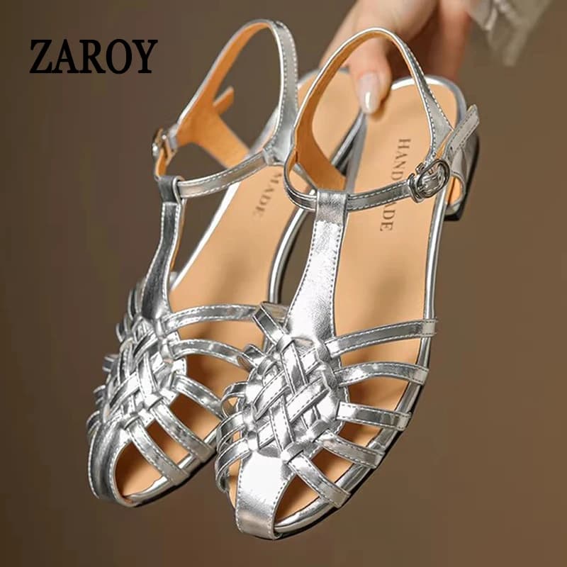 ZAROY Hollow Narrow Band Women Flat Sandals Summer 2026 Elegant Ankle Strap Gladiator Sandals Casual Cozy Vacation Beach Shoes