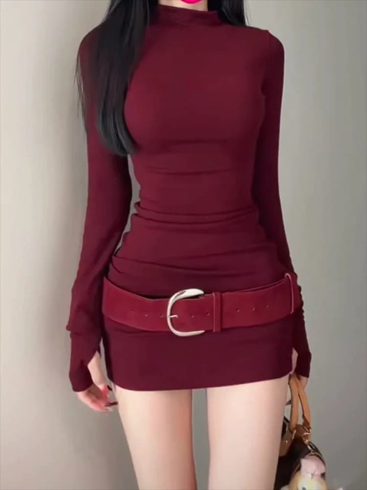 Women's Mini Dress Fitted Long Sleeves Sweetheart Christmas Party Dress Club Short Dresses Belt Solid Color