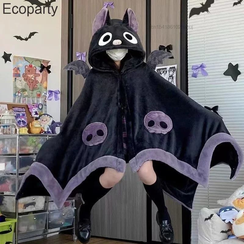 Kawaii Cartoon Luna Bat Plush Blanket Adults Anime Black Irregular Hooded Pajamas Women's Halloween Cloak Cute Warm Soft Cape