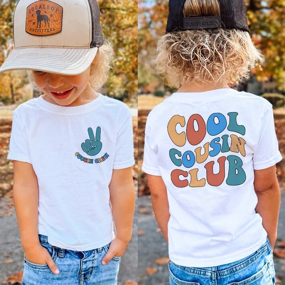 Cool Cousin Club Stampa Camicia per bambini Nuovo Cousin Compleanno Doccia Party Outfit T-shirt Riunione di famiglia Bambini Tee Ragazzi Ragazze Retro Top