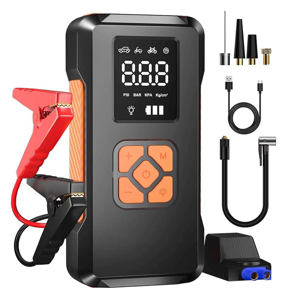 Pompa d'aria per gonfiaggio pneumatici per auto 10000mAh Compressore d'aria portatile 150PSI Avviatore di emergenza per auto con luce a LED e Power Bank