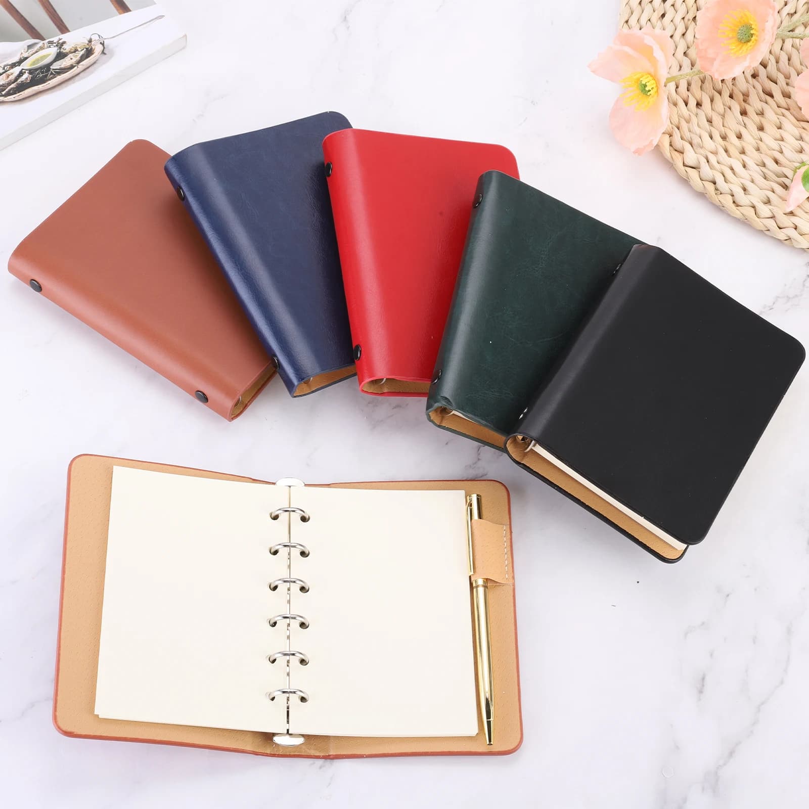 1/2Pack A7 Raccoglitore per notebook in pelle Raccoglitore a 6 anelli Copertina Mini Diario riutilizzabile a fogli mobili Agenda personale con carta da 50/100 fogli