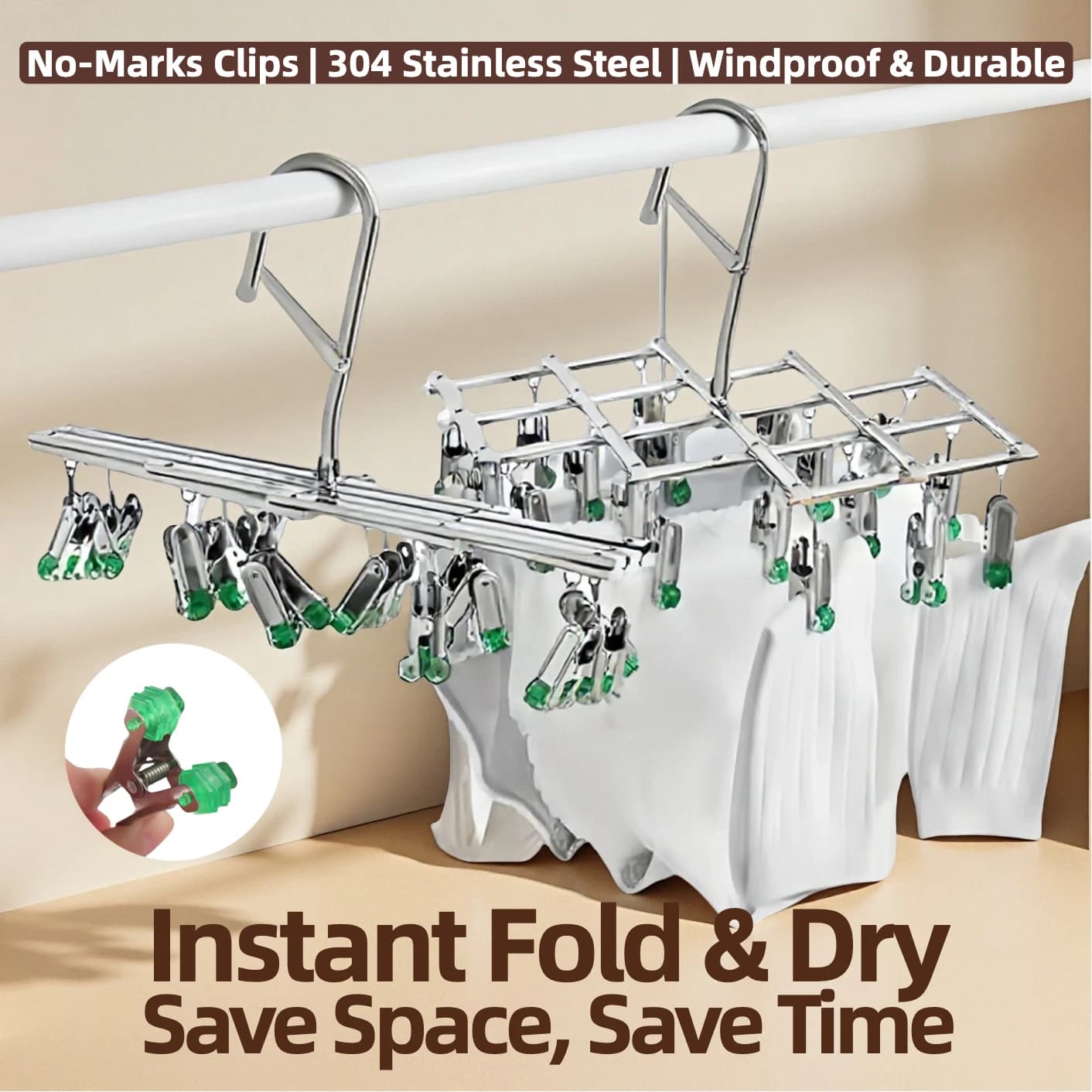 Stainless Steel Classic Drying Machine, Foldable Instantly, No Tracks, Multi-Clip, Stendibiancheria Rotante da Balcony, Extra Thickness, Resistant, Fast Drying, Patented