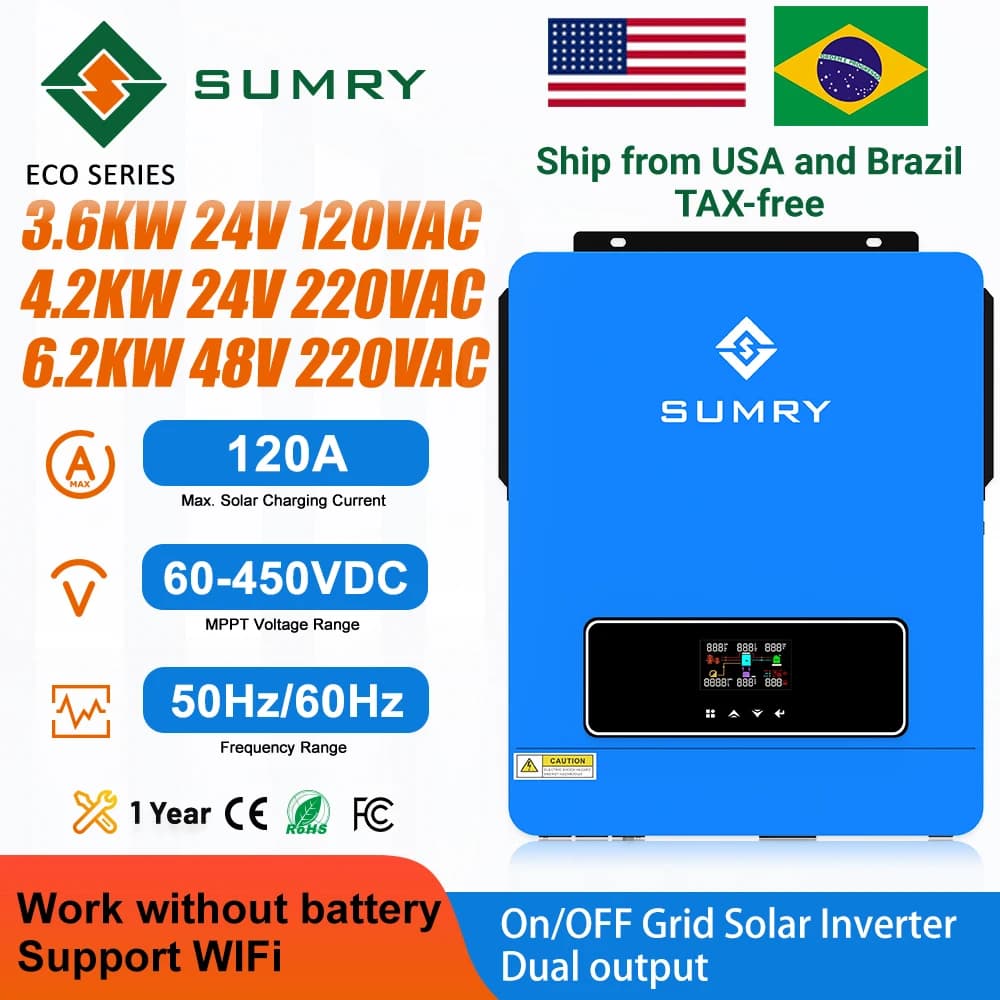 SUMRY 3.6kw ON/off gird inverter solare 24V 120V onda sinusoidale pura MPPT caricatore solare inverter solare ibrido
