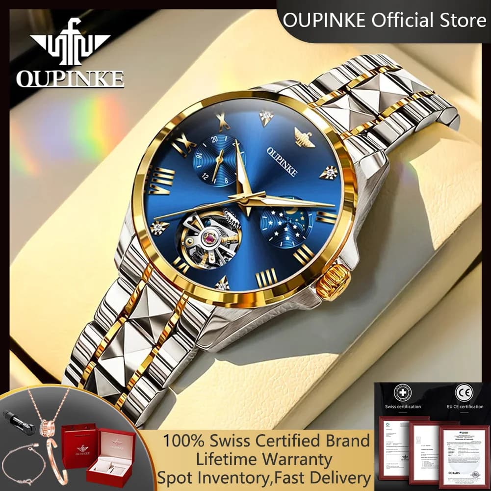 OUPINKE 3202 Orologio automatico con fasi lunari per donna Elegante quadrante scheletrato Cronografo con data automatica Orologio meccanico da donna impermeabile