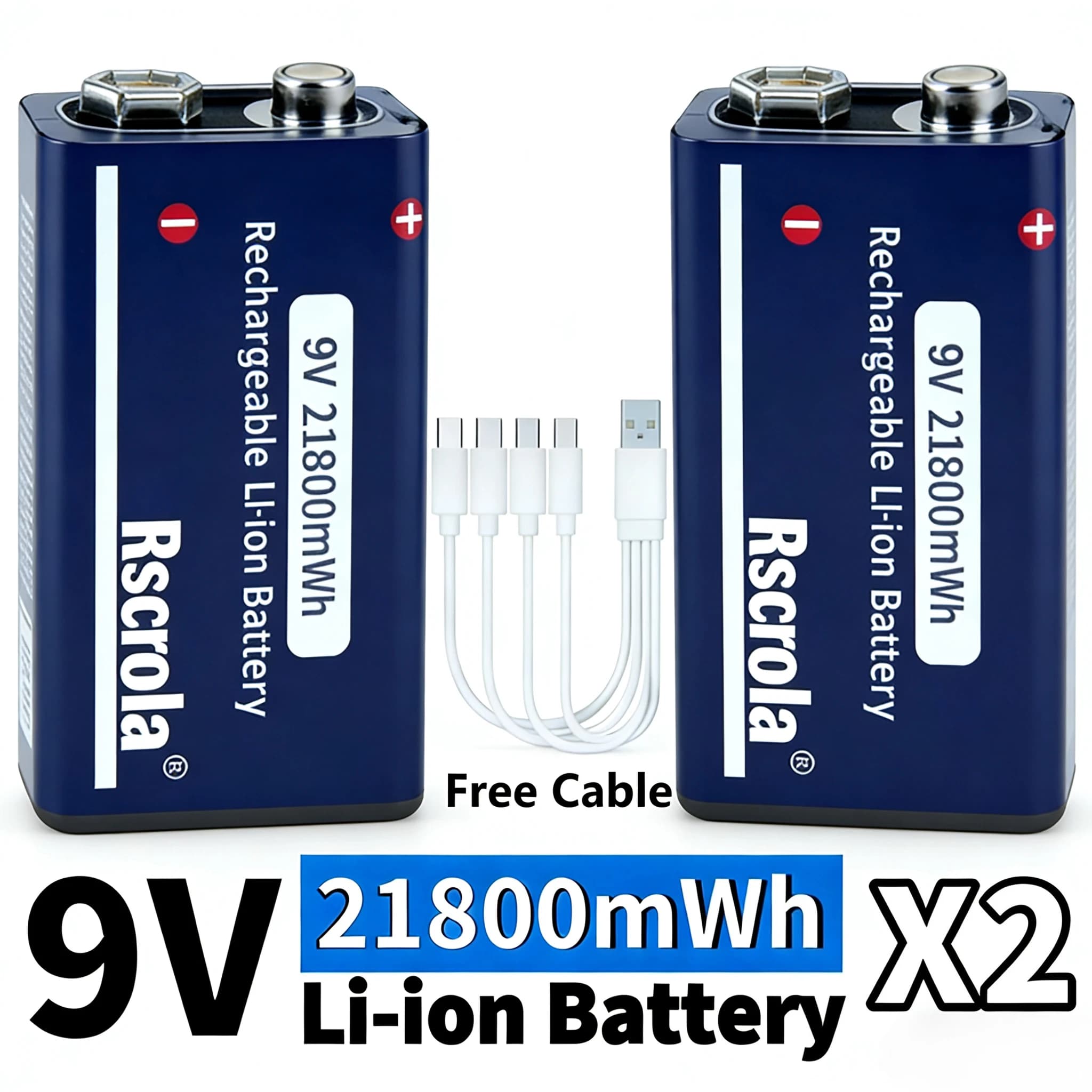 Batteria Ricaricabile agli Ioni di Litio 9V 21800mWh a Lunga Durata con Cavo USB per Chitarra, Microfono, Rilevatore di Fumo