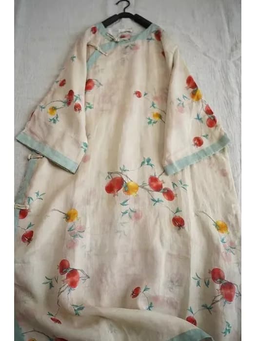 Elegant Cotton Linen Print round Neck Long Tea Dress Button Design Summer New Arrival Women's Casual Loose Fit Lantern Skirt