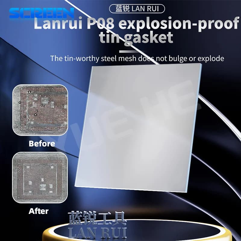 Lanrui P08 Guarnizione antideflagrante in vetro ultra trasparente per set di strumenti di riparazione del telefono con protezione a sfera di saldatura in maglia di acciaio BGA