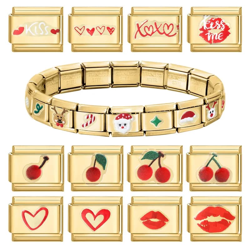 Wholesale Sticker Module Heart Cherry Lips Gold Color Italian Charm Links Fit 9MM Bracelet Stainless Steel Women Men DIY Making