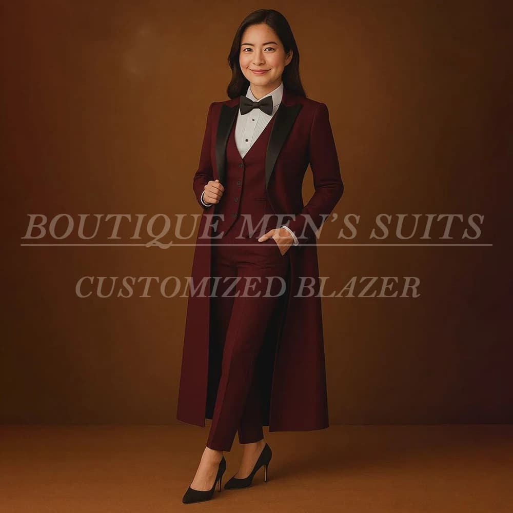 Elegante Completo Donna Bordeaux 3 Pezzi, Blazer Lungo Monopetto con Risvolto a Punta Nero, Giacca, Pantaloni e Gilet Personalizzati