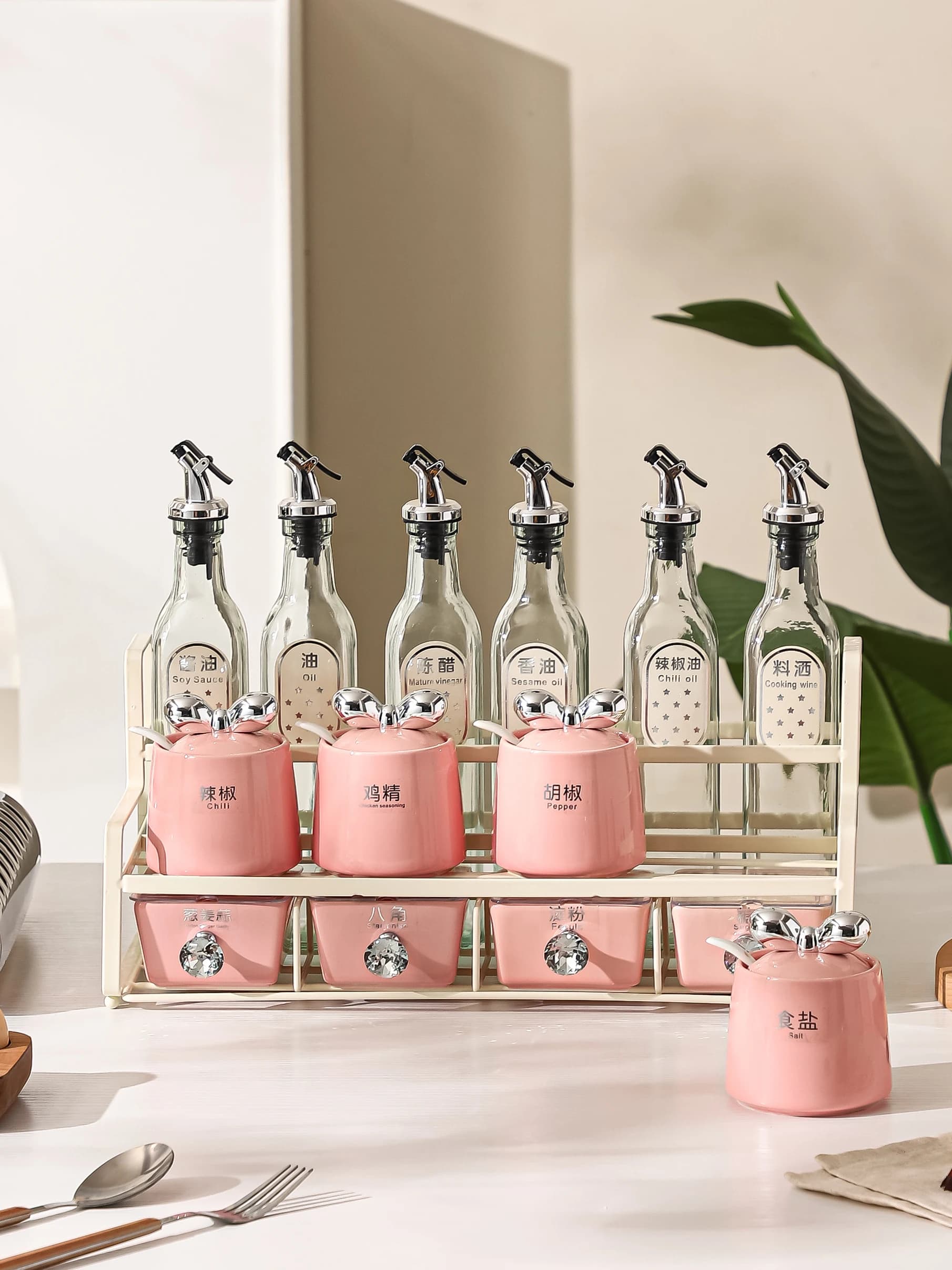 Set di Barattoli in Ceramica per Spezie, Contenitori per Olio, Sale, Salse e Peperoncino, Forma Cilindrica Rotonda, Non Utensili da Cucina