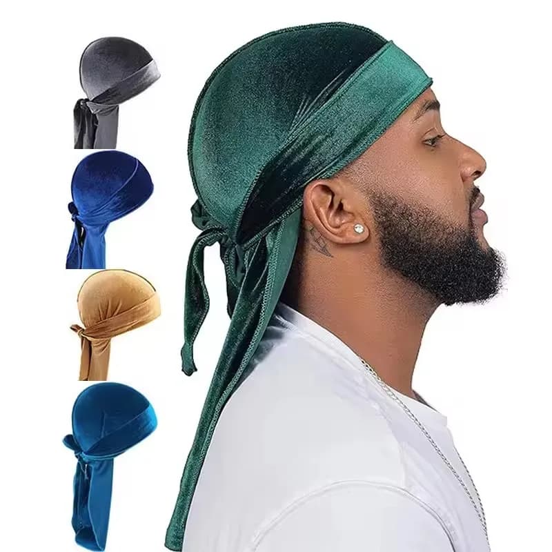 New Durag Unisex Velvet, Turban Bandana, Breathable Hat with Long Coda, Pirate Style, Hip Hop Hair Band