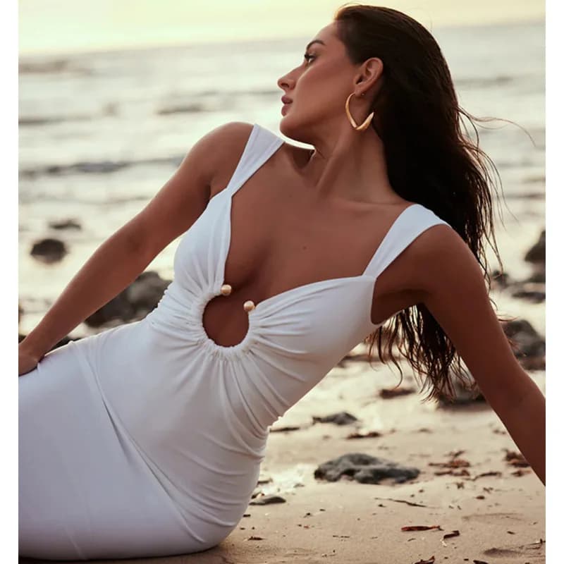 Abito Estivo 2026 da Donna con Scollo a V, Schiena Scoperta, Asimmetrico, in Maglia Ultra Sottile, Vita Media, Stile Pure Desire, Senza Maniche, per Occasioni Speciali