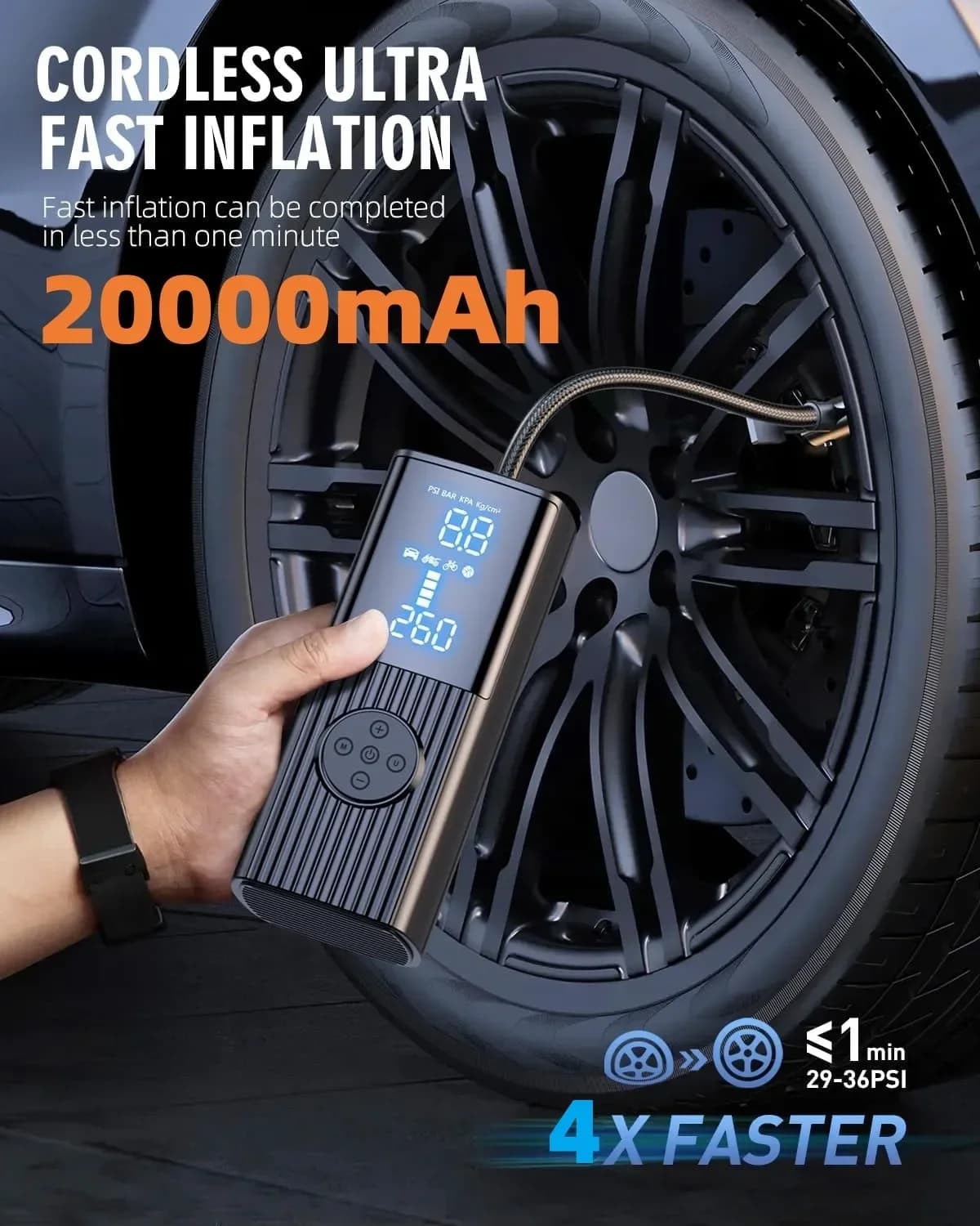 50 l/min 20000 mAh portable air compressor, wireless car tyre inflator, 12 V air pump, digital tyre inflator for motorcycle 160 PSI